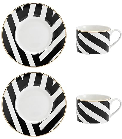 Mikasa Luxe Deco Set con tazza da tè e piattino in porcellana, 2x tazze da tè e piattini con stampa geometrica, tazze da 200 ml - Confezione regalo e lavabile in lavastoviglie