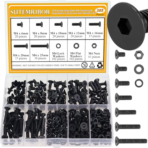 385 Pieces M4 Screws Nuts Washers Set Black, Sutemribor M4 x 6/8/10/12/16/20/25mm Countersunk Head Socket Cap Screws Nuts Washers Assortment Kit, 10.9 Grade Alloy Steel, Fully Threaded