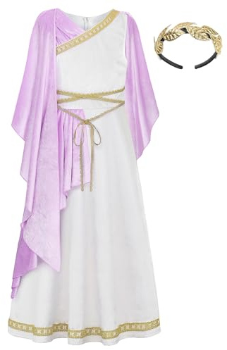 ReliBeauty Costume Dea Greca per Bambina Vestito Tunica Età Antica con Fascia per Capelli,160