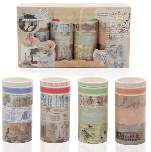 Lot de 20 rouleaux de ruban washi - Vintage - Papier washi décoratif - Pour scrapbooking, journal, planificateur, bricolage, artisanat, cadeau, festival (vintage)