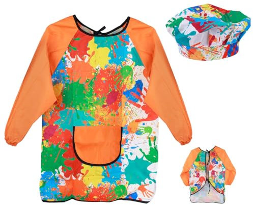 LHOEST Malkittel Kinder 5 6 8-10 11 jahre 2 PCS Wasserdicht Kinderschürze Jungen Mädchen Malschürze Kinder Schürze Malerkittel Kind Tuschkittel mit Hut Maleranzug für Kunst Malerei Kochen DIY