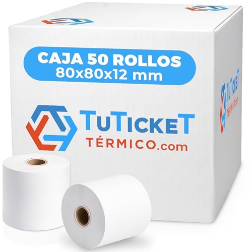 TuTickeT TÉRMICO.com - Rollo de Papel Térmico 80x80x12 mm (50 unidades) para Impresora Térmica de Ticket, Caja Registradora y demás TPV. Sin Bisphenol A. PEFC. Producto C.E.