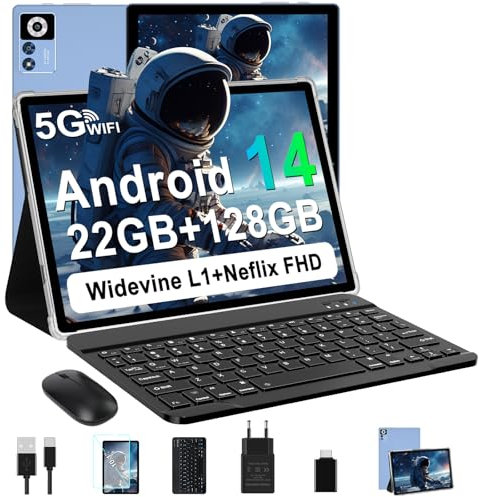 ZIOVO Android 14 Tablet 10 Pulgadas, 22GB RAM+128GB ROM (TF 1TB), 5G WiFi, Widevine L1/Octa-Core/2.0 GHz/8000mAh/Cuerpo Metálico/8+5MP/ Tablet 2 en 1 con Teclado y Ratón- Azul