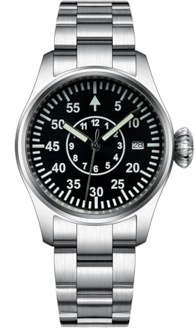 Steeldive, orologio automatico da uomo, stile pilota, cinturino in acciaio inox, quadrante nero con datario, V 1, Pilota