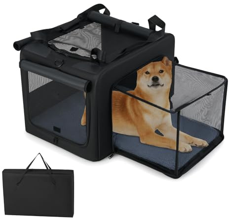COSTWAY Vikbar hundbur, hundtransportlåda med 2 öppningar, fönster, nätkorg, handtag & väska, portabel hundväska, för medelstora & stora husdjur, metallram, svart (80 x 60 x 42 cm)
