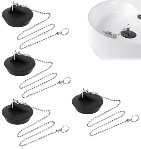 Bouchons D'évier en Caoutchouc (4 Pièces), Bouchon d'Evier avec Chaîne à Billes, pour Baignoire, Cuisine, Salle de Baine, Compatible avec Eau Chaude et Froide, Noir