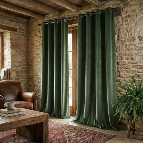 PONY DANCE Olive Green Velvet Blackout Curtains 84 Inches Long for Bedroom, Luxury Thermal Insulated Grommet Room Darkening Window Drapes for Living Room, Cortinas de Terciopelo, 2 Panels Set 52Wx84L
