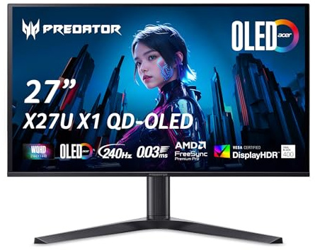 acer Predator X27U X1 Gaming Monitor 26.5 Inch (69 cm Screen) WQHD, Quantum Dot OLED, 240Hz, 0.03ms (GTG), DP 1.4, 2xHDMI 2.1, Height-Adjustable, FreeSync Premium Pro