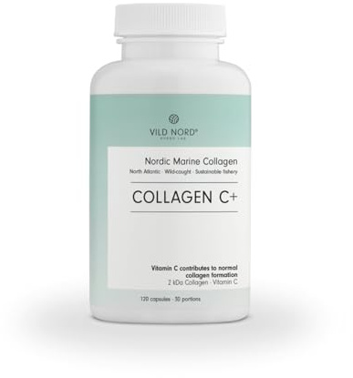 Cápsulas de colágeno C+ de Vild Nord – 120 unidades, 30 dosis – Péptidos de colágeno marino hidrolizado Tipo I para piel, músculos, cabello, uñas, articulaciones y huesos. Cápsulas fáciles de llevar.
