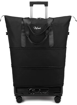 Dufanxi Expandable Rolling Travel Bag with Removable Wheels & Handle, Large Capacity Wheeled Duffle Tote, Foldable Carry On Luggage for Women, Lightweight Weekender Overnight Bag (Black)