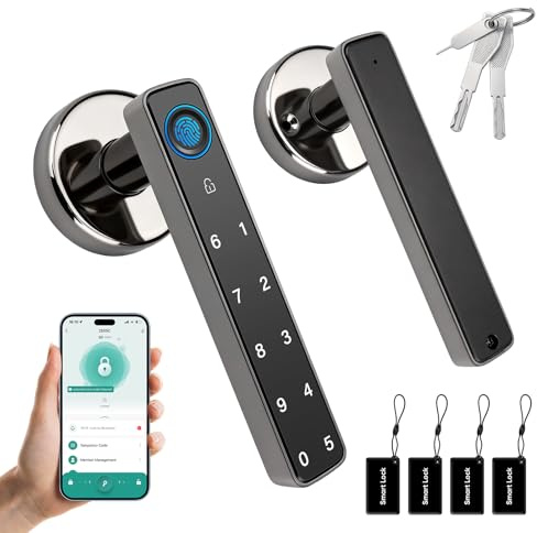 Cerradura Inteligente para Puertas, Cerradura de Puerta Inteligente de Huellas Dactilares con Manija Teclado, Control por App, Almacenamiento Local de Datos, 5 Métodos de Apertura, Sin Llaves