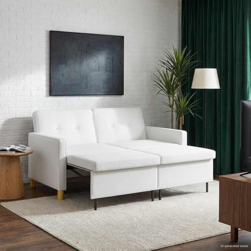 sephironlbb utdragbar bäddsoffa, vitt tyg med justerbart ryggstöd och vikbara ben, 2-sitsig soffa med tjock kudde, platsbesparande design för vardagsrum, gästrum och ungdomsrum