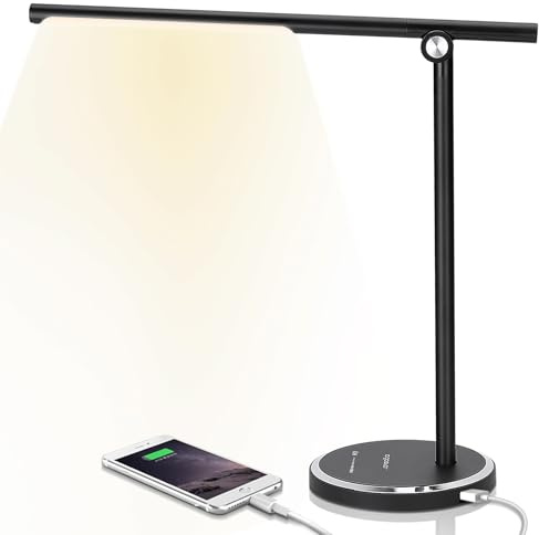 Aigostar Lampada da Scrivania LED, 8W con Porta di Ricarica USB, 5 Modalità Illuminazione (3000K - 6000K), 10 Livelli di Luminosità Regolabili, Luce Tavolo Confortevole per gli Occhi, Nero