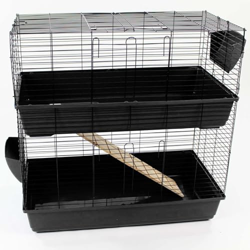 Easipet 2-Level Indoor Rabbit Hutch, Black Metal Frame with Wooden Ladder, 100 x 52 x 100 cm