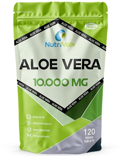 NutriVolv Aloe Vera 10,000mg - 120 Tablets | Natural Skincare, Colon Cleanse & Digestion Support | Detox & Immune Boosting Supplement | High Strength Aloe Vera Extract