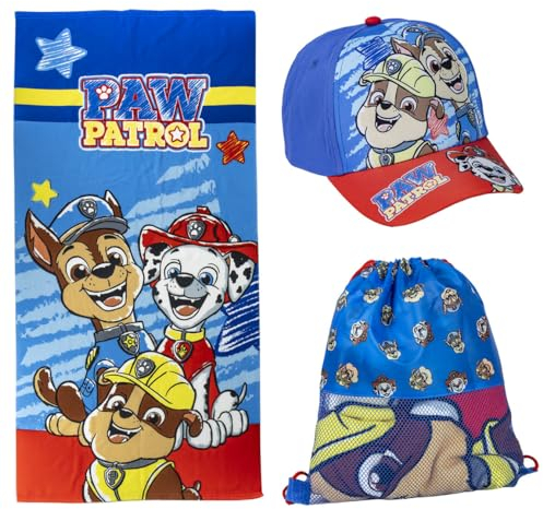 Set Infantil de La Patrulla Canina - Color Azul y Rojo - Incluye Saquito de Tela, Toalla y Gorra - Estampado de Marshall, Chase y Rubble - Ideal para el Verano - Producto Original Diseñado en España
