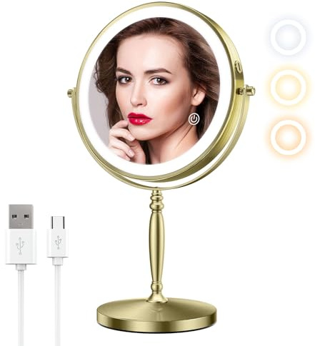 Matekxy 8 Makeup Mirror with Lights, 1X/10X Magnifying Rechargeble Double Sided Standing Vanity Mirrors with 360°Rotation|3 Colors Brightness Adjustable|Touch Sensor Dimming-Gold