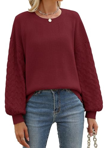 Lonya Jersey Mujer Invierno Elegante Redondo Sueter Casual Manga Larga Jerséis Punto Ropa Sweater Blusas Tops Borgoña,L