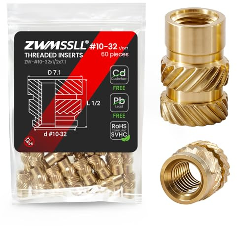 ZWMSSLL #10-32 Heat Set gängade insatser, 60 stycken 10-32 x 1/2 x 7,1 tum mässing värmeset insats för plastdelar, UNF knurlerade muttrar, sätt in genom värme i 3D-tryckkomponenter