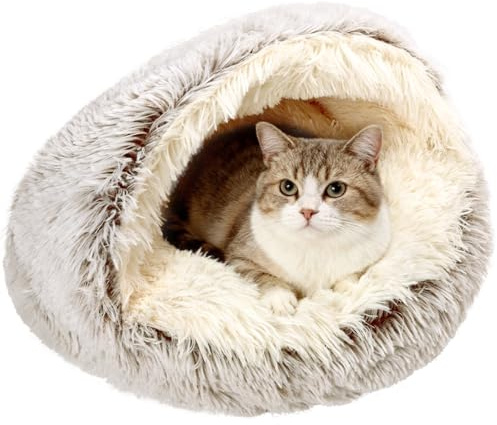 Arquiel Cat Bed Round, Hooded Cave Fluffy Dog Beds, Cozy Donut Anti Anxiety Dog Bed for Small Pets, Gifts for Pet Lovers(20×20inch, Coffee)