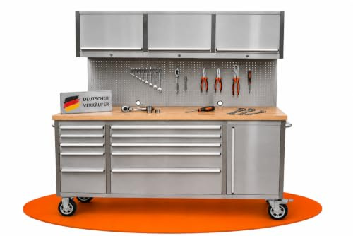 Ondis24 Edelstahl-Werkstattwagen Werkzeugwagen mit 10 Leichtlaufschubladen, 3 Schränken, Lochwand, XL-Massivholzarbeitsplatte, Lenkrollen, fahrbare Werkbank, unbestückt