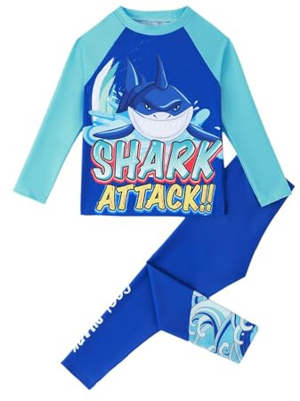 SEVEN BB Costumi da Bagno Due Pezzi a Maniche Lunghe Pantaloni Nuoto Lunga Maglia Nuoto Rashguard Bambino 2 Pezzi Blu Squalo Abbigliamento da Bagno per Bambini Ragazzi 6-7 Anni