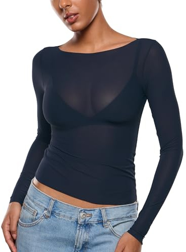 INLYRIC Women's Cosnufy Mesh Sheer Long Sleeve Tops See Through Boat Neck Going Out Tops Trendy Sexy Shirts Twilight Blue Small