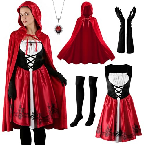 Disfraz de Caperucita Roja para mujer, para adultos, disfraz de carnaval, capa roja con capucha, con capucha, vestido largo para carnaval, cosplay, fiesta temática, vestido de fiesta festivo