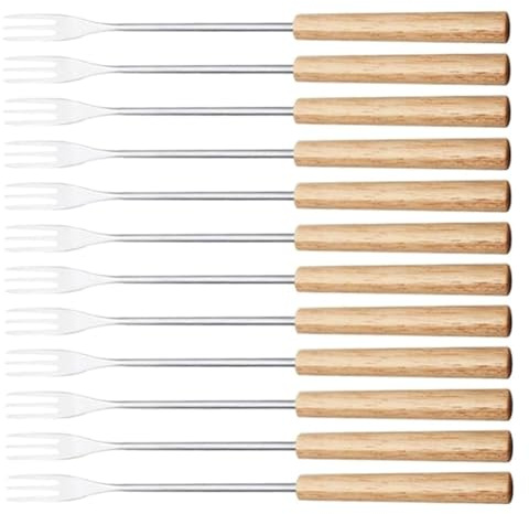 ISTOVO Set da 12 Forchette per Fonduta, Set per Grigliate, Forchette per Fonduta per Gelato, Set in Legno + Acciaio Inossidabile per Cocktail