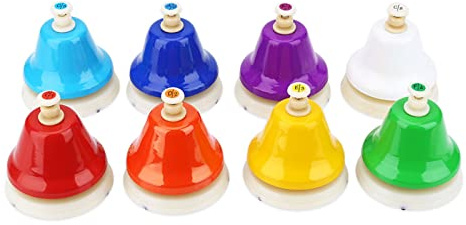 SustVita Coloridos instrumentos de aprendizaje musical con un juego de campanas de mano de 8 notas, campanas de escritorio afinadas en C mayor para niños para la escuela, coros o