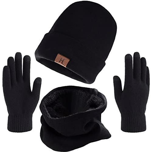 Aisprts Men Women Knitted Hat Scarf Gloves Set Winter Thermal Beanie Snood and Touchscreen Gloves Soft Fleece Lining Winter Hat for Men and Women