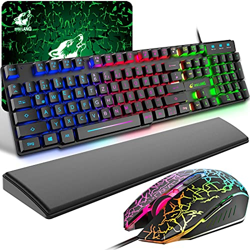 Gaming Tastatur und Maus mit Handballenauflage, QWERTZ Deutsches Layout Regenbogen LED Hintergrundbeleuchtung Ergonomische Keyboard 6 Tasten 2400 DPI Maus und Mauspad für Windows Mac PS4, Schwarz