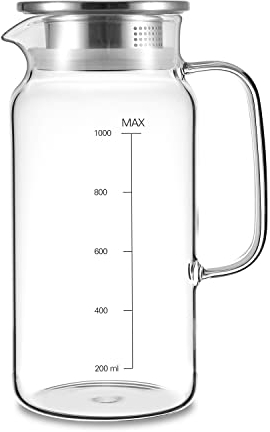 Vucchini 1L 34OZ Wasserkrug aus Borosilikatglas mit Messmarkierung, 2-wege-deckel, Hitzebeständig, Tropffrei, Krug mit Breiter Öffnung für Milch, Tee, Cola, Saft, Küche, Kochen