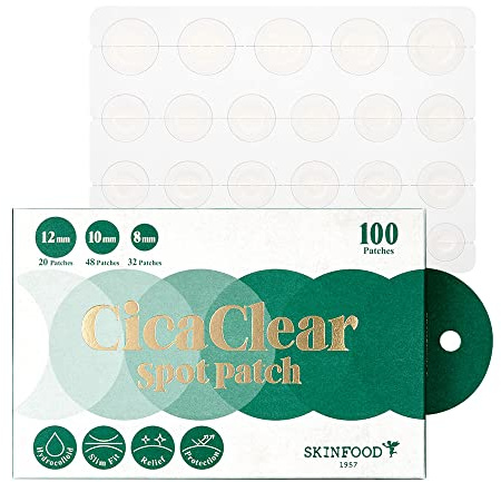 SKINFOOD Cica Clear Spot Patch (100count), Hydrocolloid Acne Pimple Patch for Covering and Recovering Spot, Ultra Thin Clear Skin Sticker for Easy Acne Care