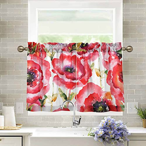 Lot de 2 rideaux à étages avec passe-tringle pour cuisine, salle de bain, motif coquelicot rouge, décoration de fenêtre courte, 68 x 61 cm