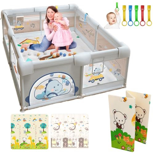 PARVULI Parque Infantil Bebe 150x180cm - Corralito Bebe con 6 agarraderas y Alfombra de Juegos Acolchada - Parque Bebes para Casa Fácil de Montar con Malla Transpirable y Vayas con Protecciones