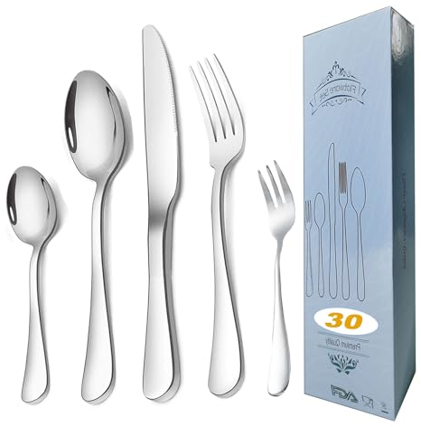 Sulypo Besteck set 6 personen, besteck 30 teilig essbesteck set inkl Dessertgabeln/Kuchengabel Edelstahl,Spiegel polierten 304 edelstahl,Spülmaschinenfest