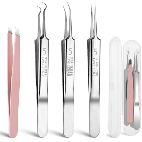 3 Stück Pinzette zum Entfernen von Mitessern und 1 Stück Pinzette für Eingewachsene Haare, Präzisions Mitesser Pickel Extraktor für Pickel, Whitehead Pinzette, Wimpernpinzette mit Gebogener Spitze