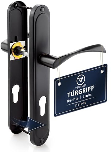 VERAMET Maniglia Porta Esterna Nera Ingresso Opaco Placca Copertura Lunga Interasse 90mm Forma L Quadrato Piastra Ferramenta Alluminio Acciaio Profilo 40-62mm Sinistra Destra Cilindro -K-517-90 P2
