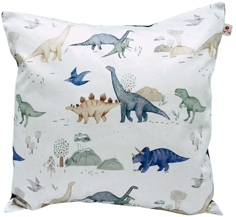 Children's Cushion Cover 100% Organic Cotton Pillowcase 40 x 60 cm Cushion Vehicles Dinos Unicorns Boys Girls Children's Garden Cushion Bed Linen (Dinosaur White, 40 x 40 cm)