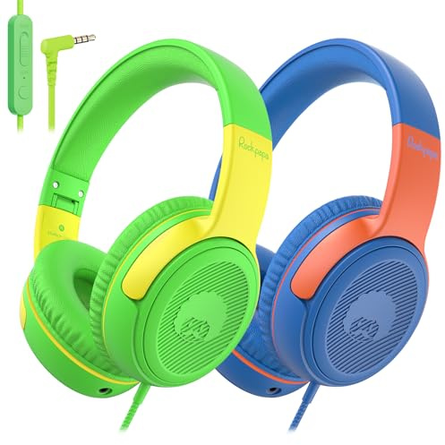 Rockpapa Share1 - Auriculares infantiles con cable y micrófono, volumen limitado a 85/94 dB, función de compartir, plegables, ajustables, auriculares circumaurales para niños para la escuela/viajes
