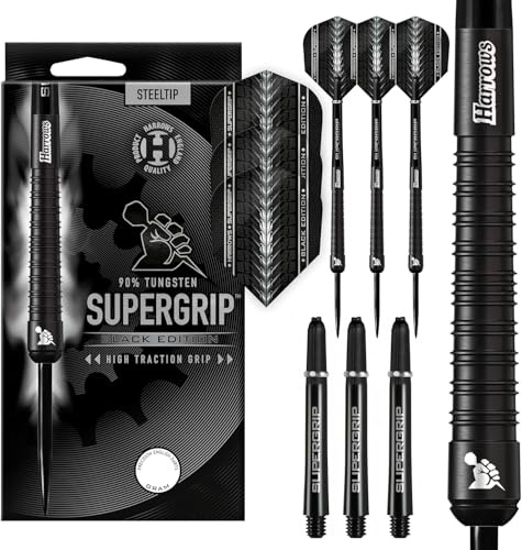 Harrows SUPERGRIP BLACK EDITION 90% Tungsten Steel Tip Darts Set. Available in 21g, 22g, 23g, 24g, 25g, 26g, 28g & 30g - Includes Supergrip Shafts & Supergrip Flights -26g