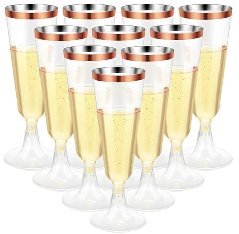 YWKJDDM Plastic Champagne Flutes, 25PCS Transparent Champagne Glasses, 150ML Rose Gold Rimmed Reusable Flutes for Birthday Party, Wedding, Garden, Barbecue