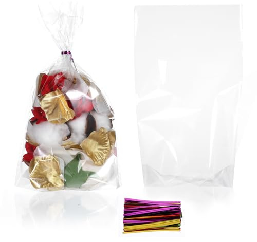 100 stora, genomskinliga cellofanpåsar 25 × 15 cm, färgade band, kakpåsar, chokladfyllning