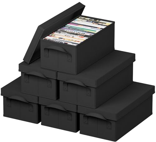 Lifewit DVD Förvaring Vikbar Förvaringsbox, Stapelbar Box med Lock, för Hem och Bil, Svart, 40 x 20 x 14,5 cm, för Upp till 125 DVD-skivor, 6-Pack