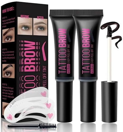 Peel Off Tattoo Brow Gel, Gel Tinte para Cejas Semi-Permanente, Kit con Plantilla y Pincel, Cejas Naturales Peel Off (02#, 2pcs)