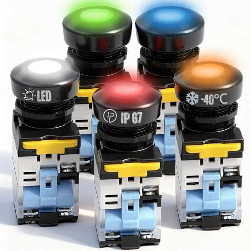 Rankomu 5Pcs Interruptor de Pulsador Momentáneo IP67 Impermeable 22mm 10A 440V 1NA 1NC DPST con Luz Rojo/Verde/Naranja/Azul - Auto-Rearme, Fácil Instalación