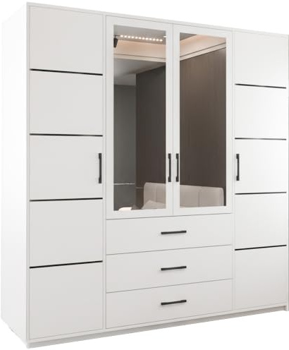 MN Furniture 4 Door Hinged Wardrobe with Mirror Panels, Drawers & Shelves, Large Storage Bedroom Cupboard, Engineered Wood, 200cm (White)