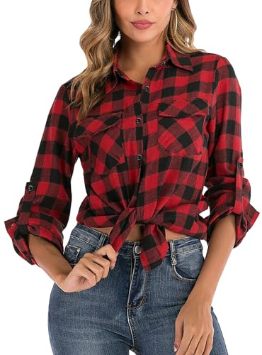 Yukiuiny Chemisier Carreaux 100% Coton Femme Chemise Bucheron Western T Shirt Casual Décontractée Classique Retro Ecossaise Flanelle Blouse Gilet Vintage