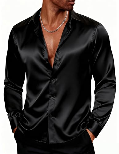 PJ Paul Jones - Chemise en Satin Brillant à Manches Longues avec nœud Papillon pour Homme, Noir, Taille L